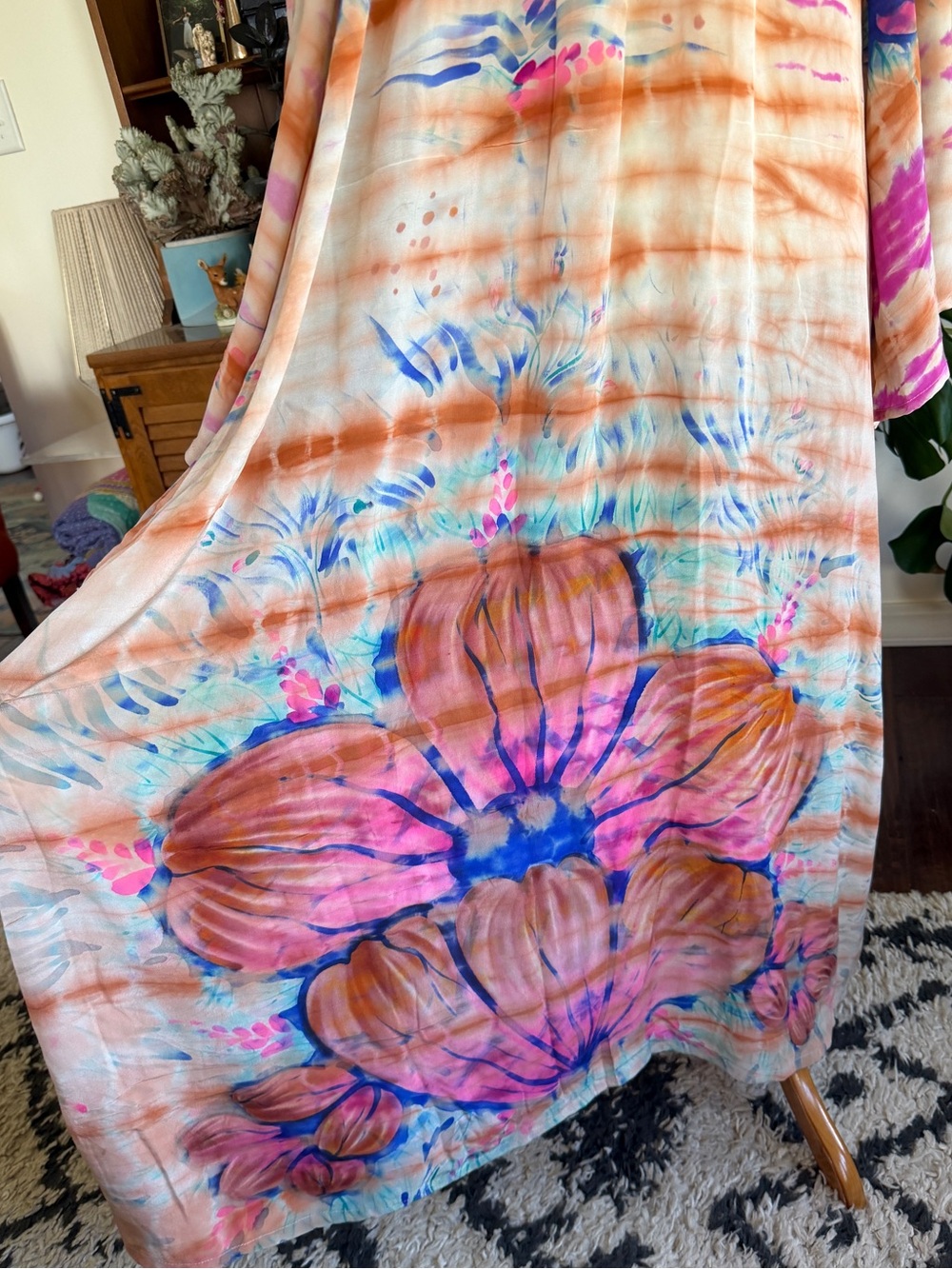 Kantha Bae Woodstock Maxi Kimono Dress Silk Floral Art Peach, Pink & Blue OS